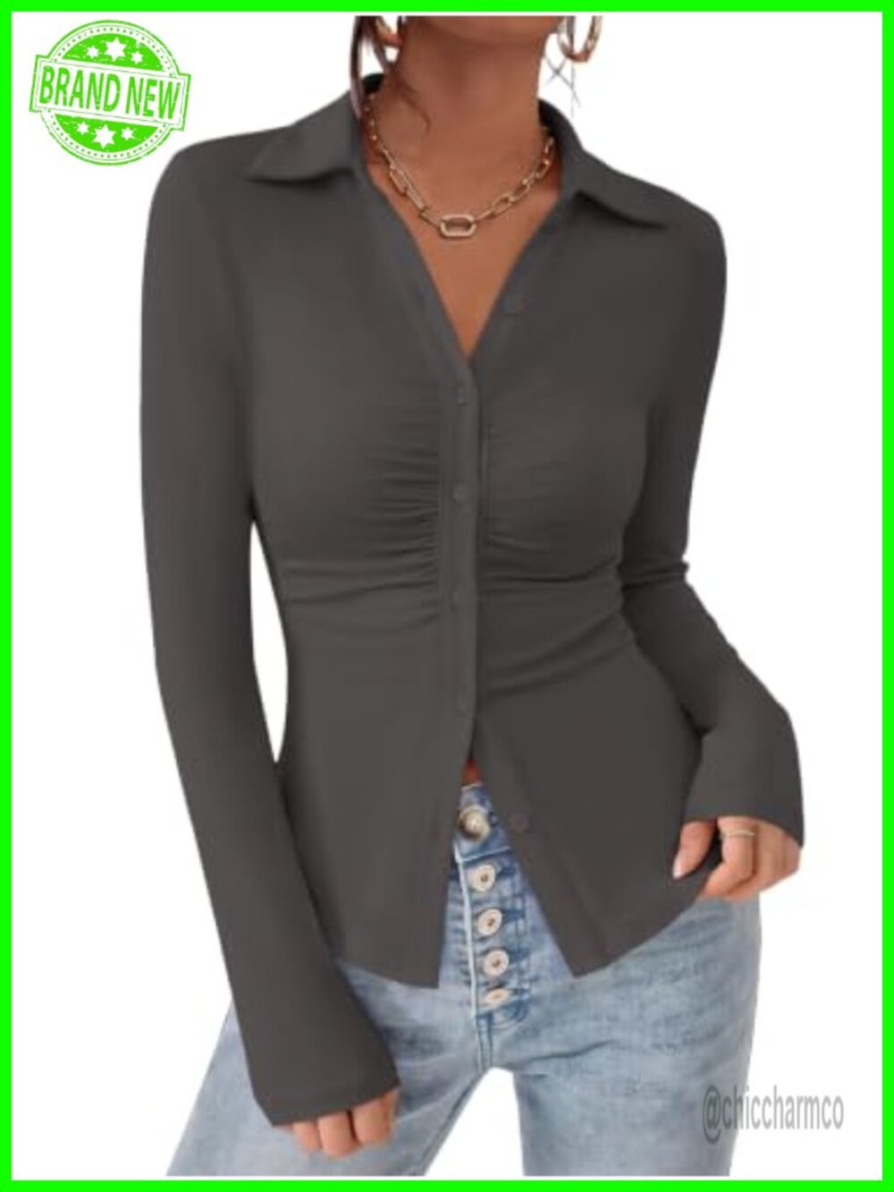 Womens Button Down Shirt V Neck Collared Ruched Slim Fit Long Sleeve Casual